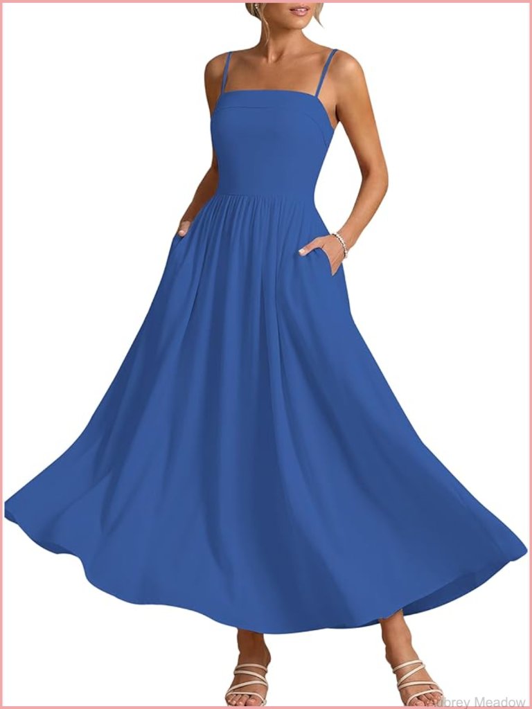 Spaghetti Strap Maxi Dress Smocked A-Line Flowy Boho Sundress With Pockets